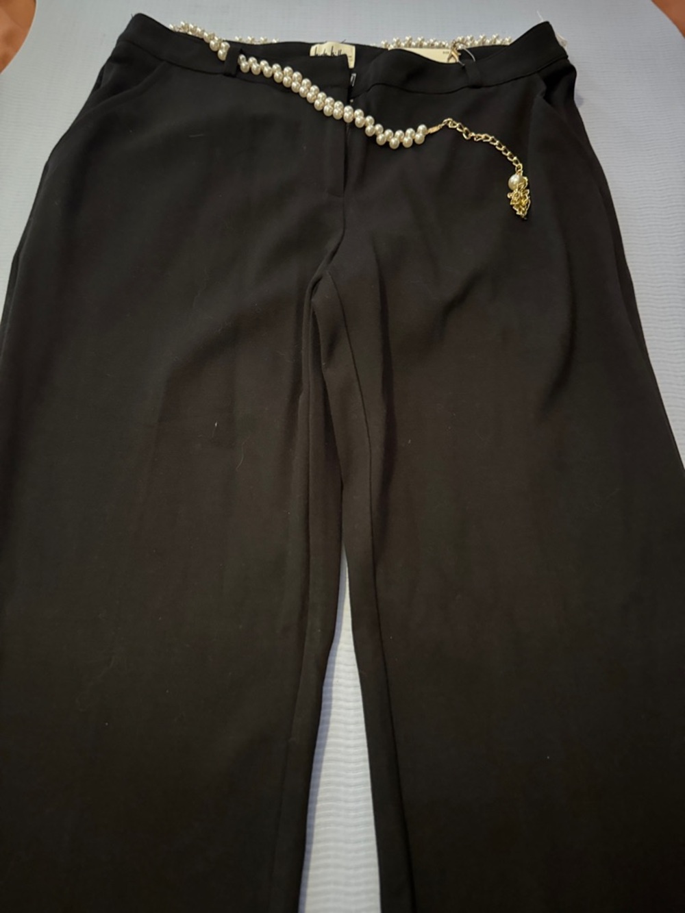 Nicole Miller Black Tailored Trousers with Pearl Chain Accent